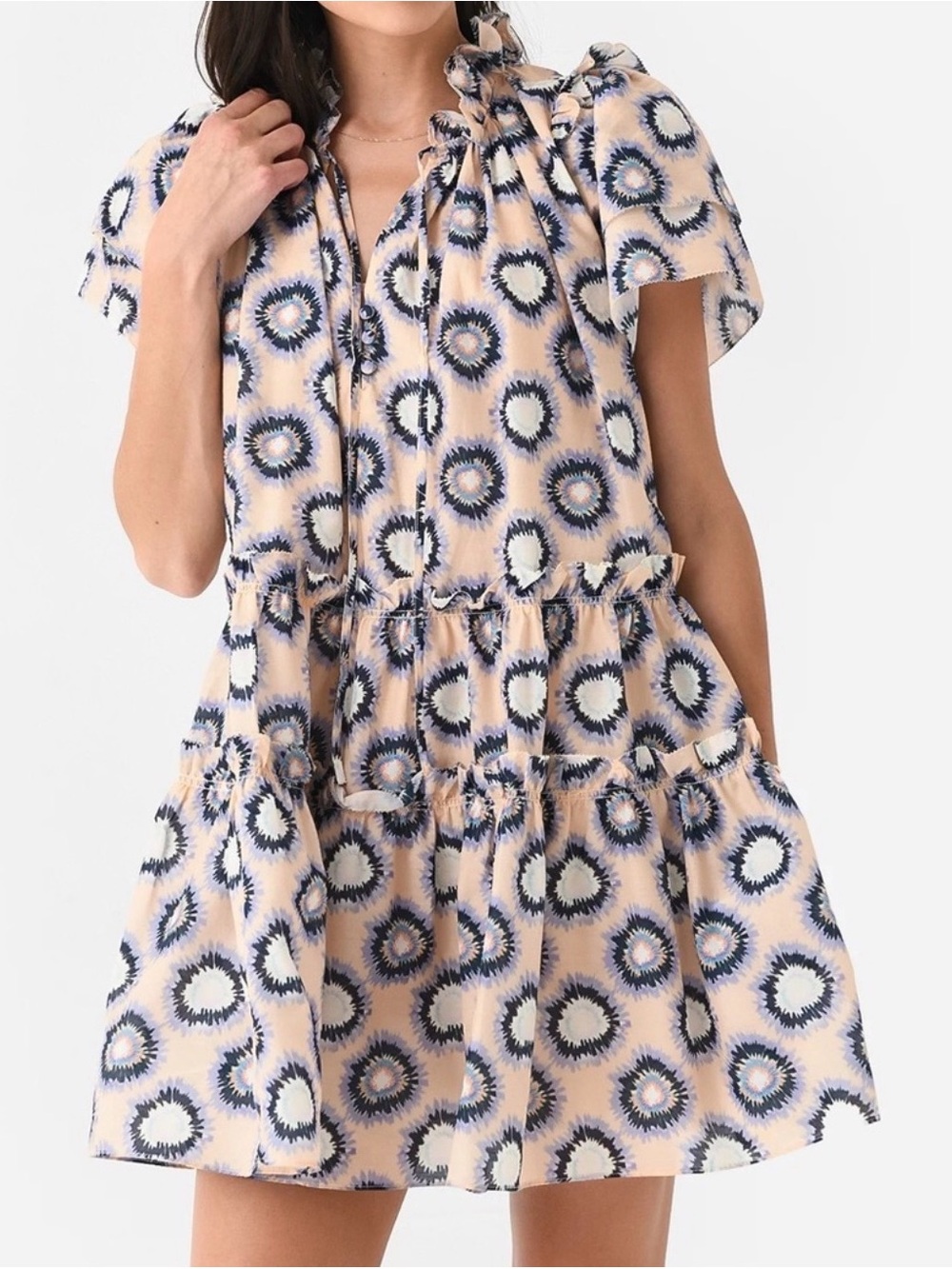HUNTER BELL Merritt Tiered Ruffled Mini Dress with Navy Medallion Accents Size L